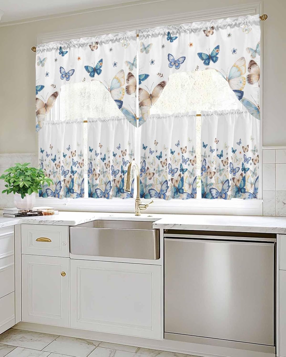 Blue Butter-fly Swag Kitchen Curtain Sets with Valance,3 Pieces Rod Pocket Curtain Drapes for Bedroom Living Room Bathroom Windows,Country Aesthetics Gradient Brown Art 56''x36'' & 24''x27.5''x2Panels