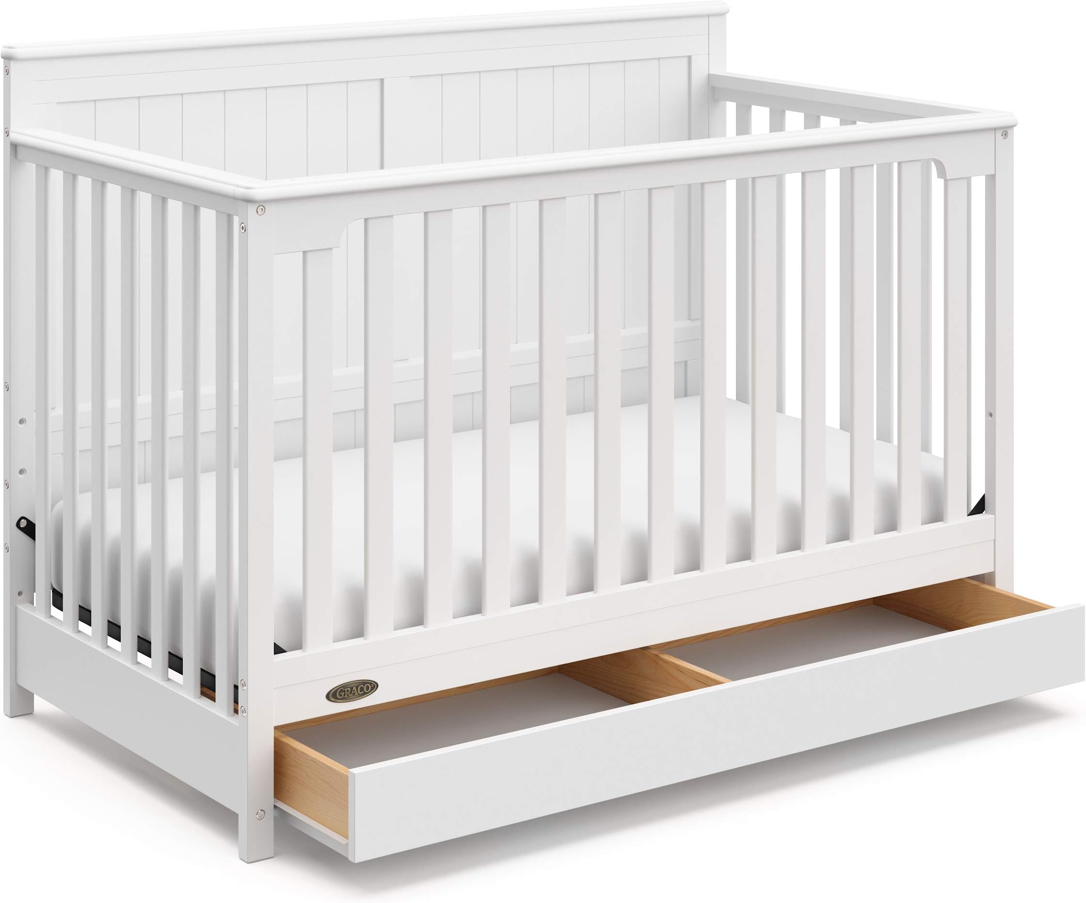 - Hadley 5-in-1 Convertible Crib with Drawer – GREENGUARD Gold Certified, Fits Standard Crib Mattress, Converts to Toddler Bed, Daybed and Full Bed, 4 Adjustable Mattress Heights (White)