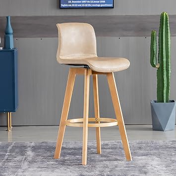 Modern 28" Swivel Bar Stools - PU Leather Upholstered Solid Wood Kitchen Island Seating with Backrest Counter & Bar Height Stylish Khaki Design