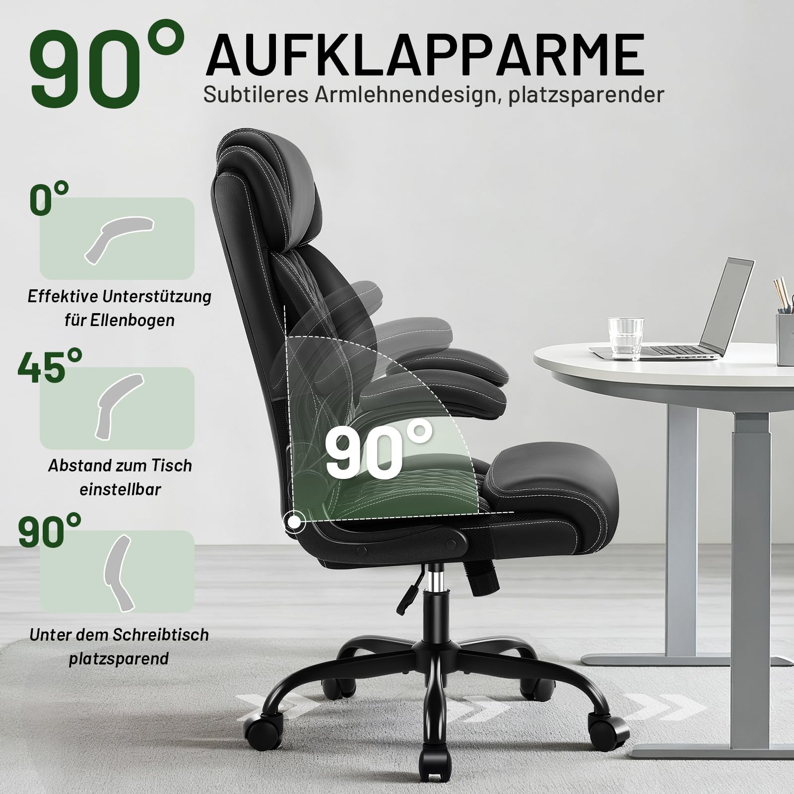 Chefsessel bis 200 kg, Bürostuhl Ergonomisch aus Kunstleder mit Verstellbaren Armlehnen und Rollen, Drehstuhl mit Hoher Rückenlehne – CompuetrStuhl für Büro und Homeoffice, Schwarz