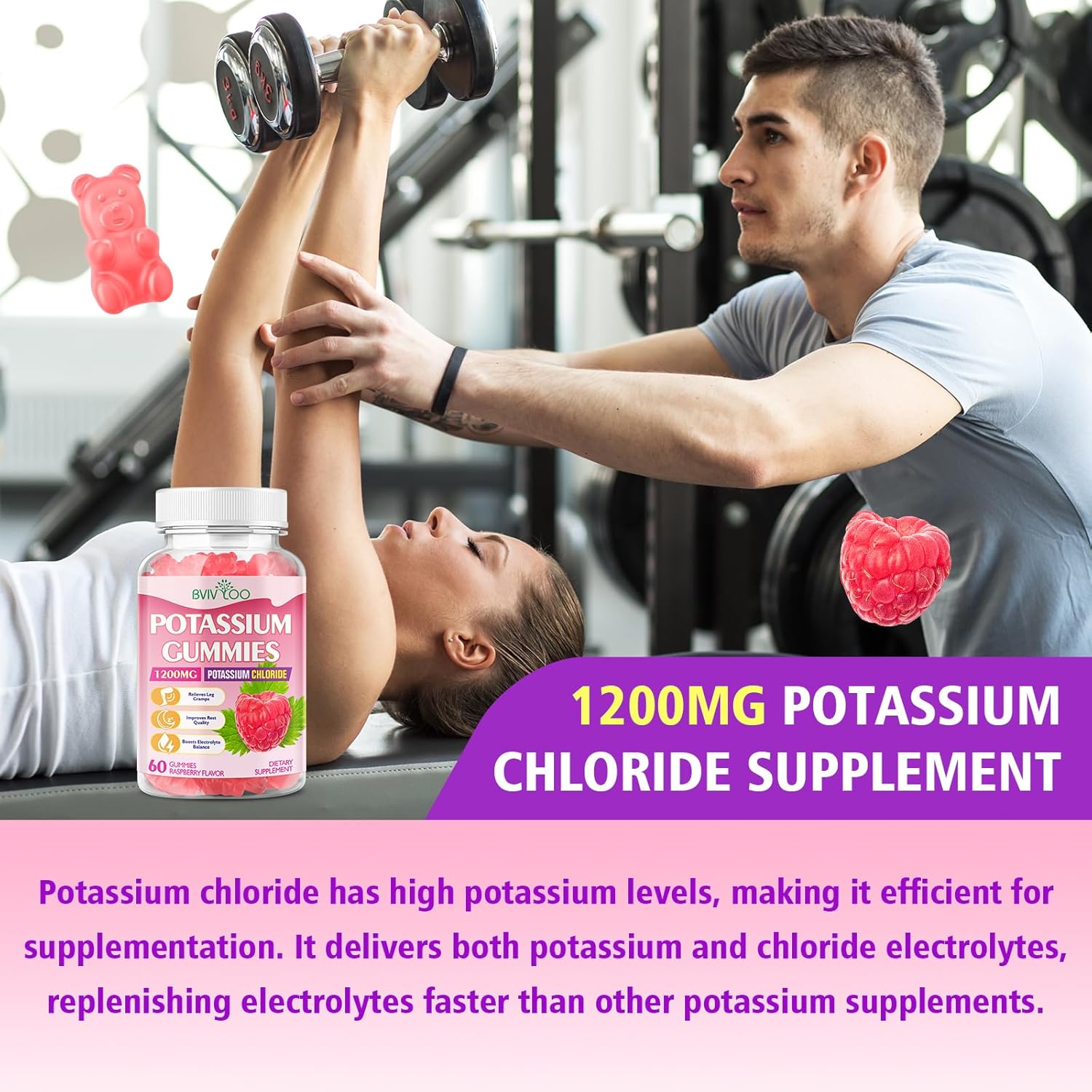 Potassium Gummies for Adults with 1200mg Potassium Chloride - Supports Muscle Health & Leg Cramps, Raspberry Flavor, 60 Count - Image 7
