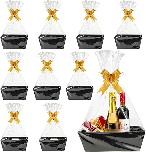 El juego de cesta de regalo vacía de Pascua para regalos incluye 10 piezas de 10 x 8 x 3 pulgadas, bandeja negra de cartón con asa, 10 bolsas