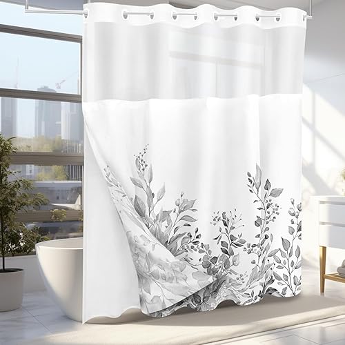 Miniatura 3 de Tititex Juego de cortinas de ducha sin ganchos con forro de hojas de eucalipto grises, doble capa, tela impermeable y transparente para ventana