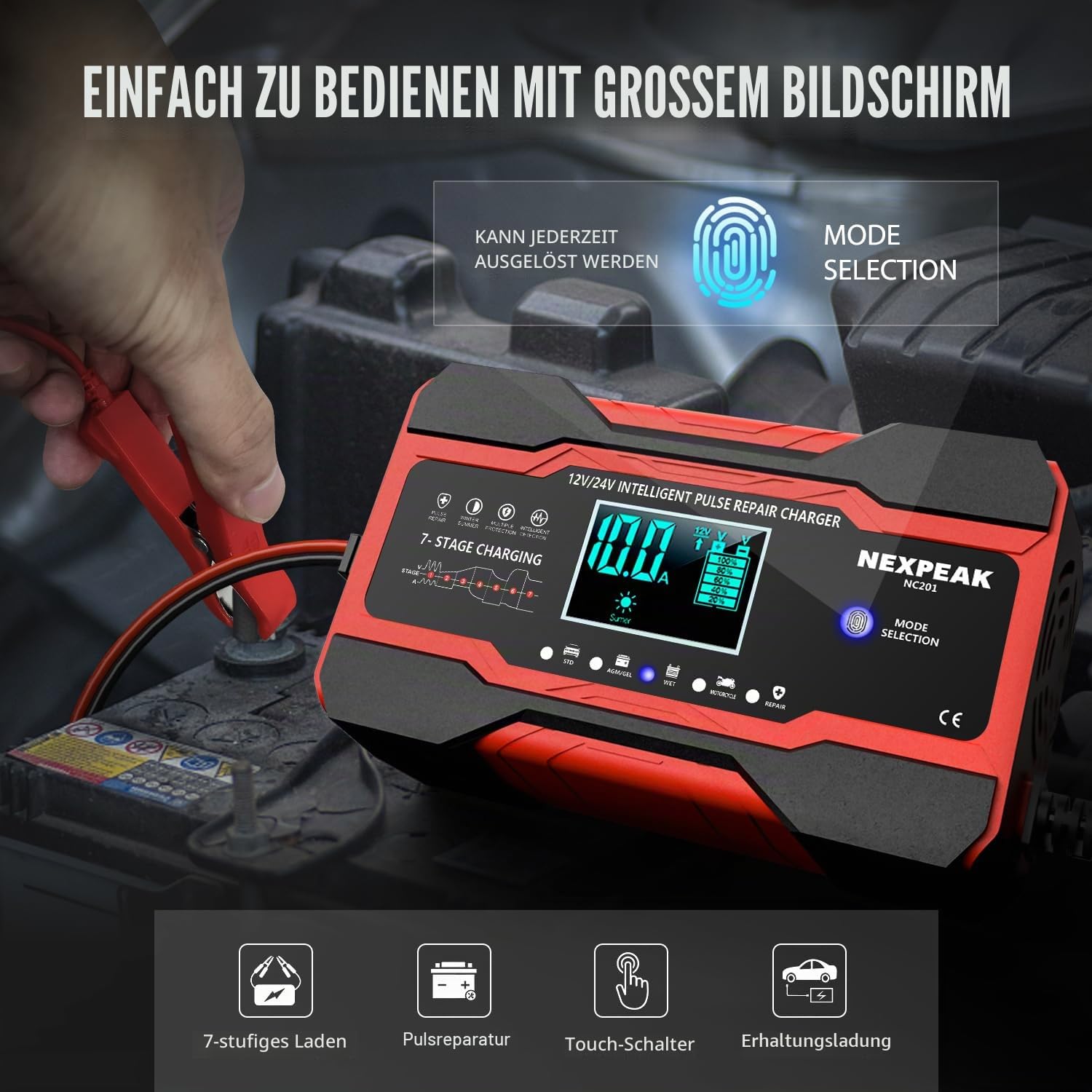 NEXPEAK 10 A KFZ-Batterieladegerät, 10 A, 12 V/5 A, 24 V, intelligentes Akku-Ladegerät, mit LCD-Display für Motorrad LKW / AGM / Gel / Wet/SLA