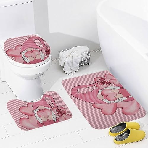 Miniatura 6 de Aremetop Juego de 3 alfombrillas de baño con diseño de gnomos y corazones de rayas rosadas, para el día de San Valentín, bonitas decoraciones