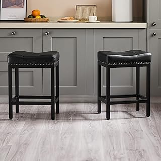 Sweetcrispy Bar Stools Set of 2, 24 Inch Counter Height Stools, PU Leather Upholstered Bar Chairs with Footrest, Modern Bar Stools for Kitchen Island, Dining, Living Room, Modern Black
