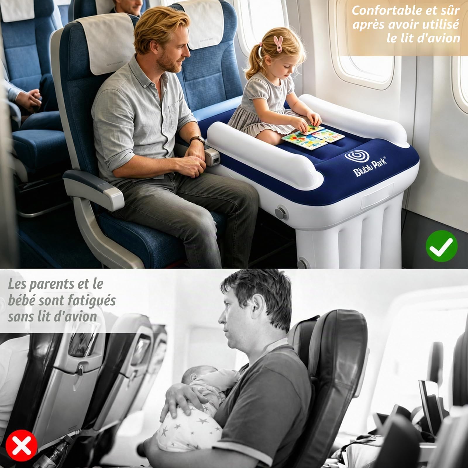 Flyaway Lit de voyage pour enfant avec côtés hauts, ceinture de sécurité, lit gonflable qui s'adapte à la plupart des sièges de