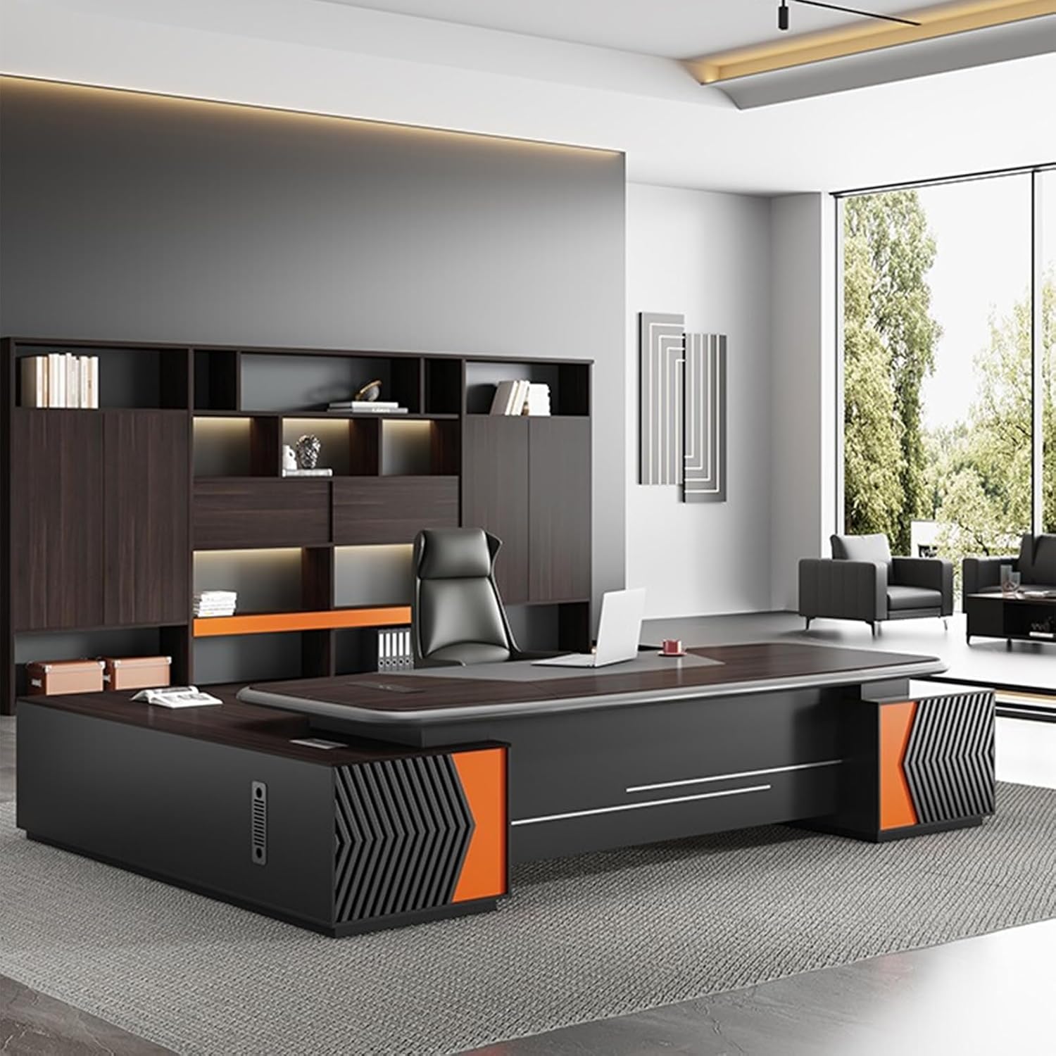 L-Shaped Brown Computer Desk, Executive Office Desk with Lateral Cabinet Gaming Study Table Business Furniture Set for CEO Boss