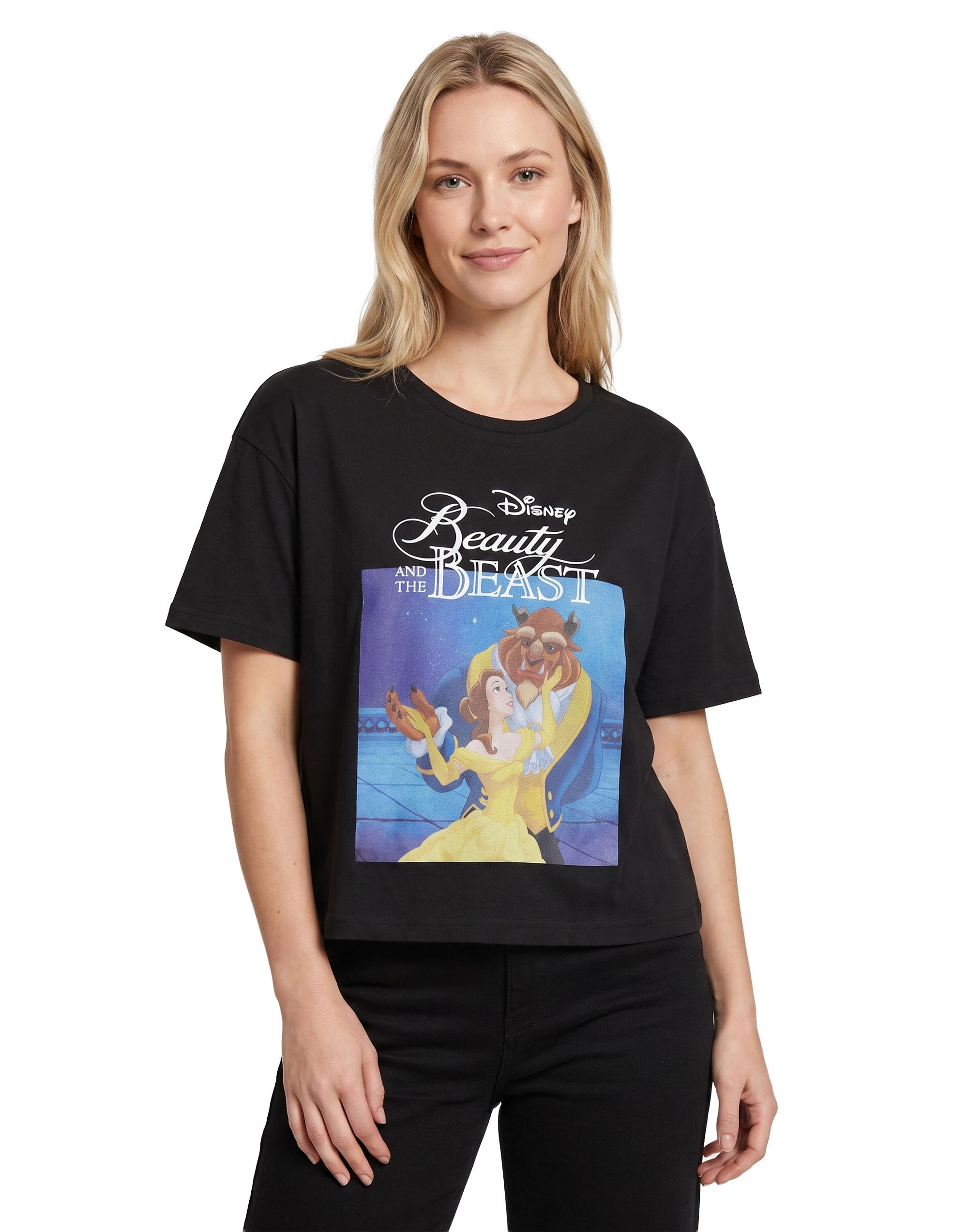 Disney Princess Womens Black Cropped Short Sleeve T-Shirt | Beauty & The Beast Graphic Tee Womens Black Top for Ladies | Short-Sleeved Apparel for Her | Movie Merchandise Gift