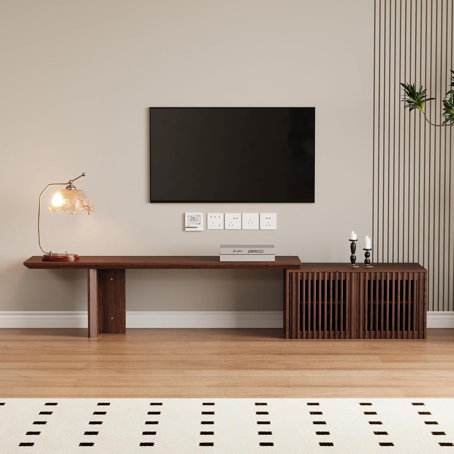 XEW Extendable TV Stand with Storage and Shelves, Wood Entertainment Center for 55+ Inch TV, Modern TV Console, Minimalist Media Console for Living Room, Bedroom-Walnut (Extendable: 63"-86.6")