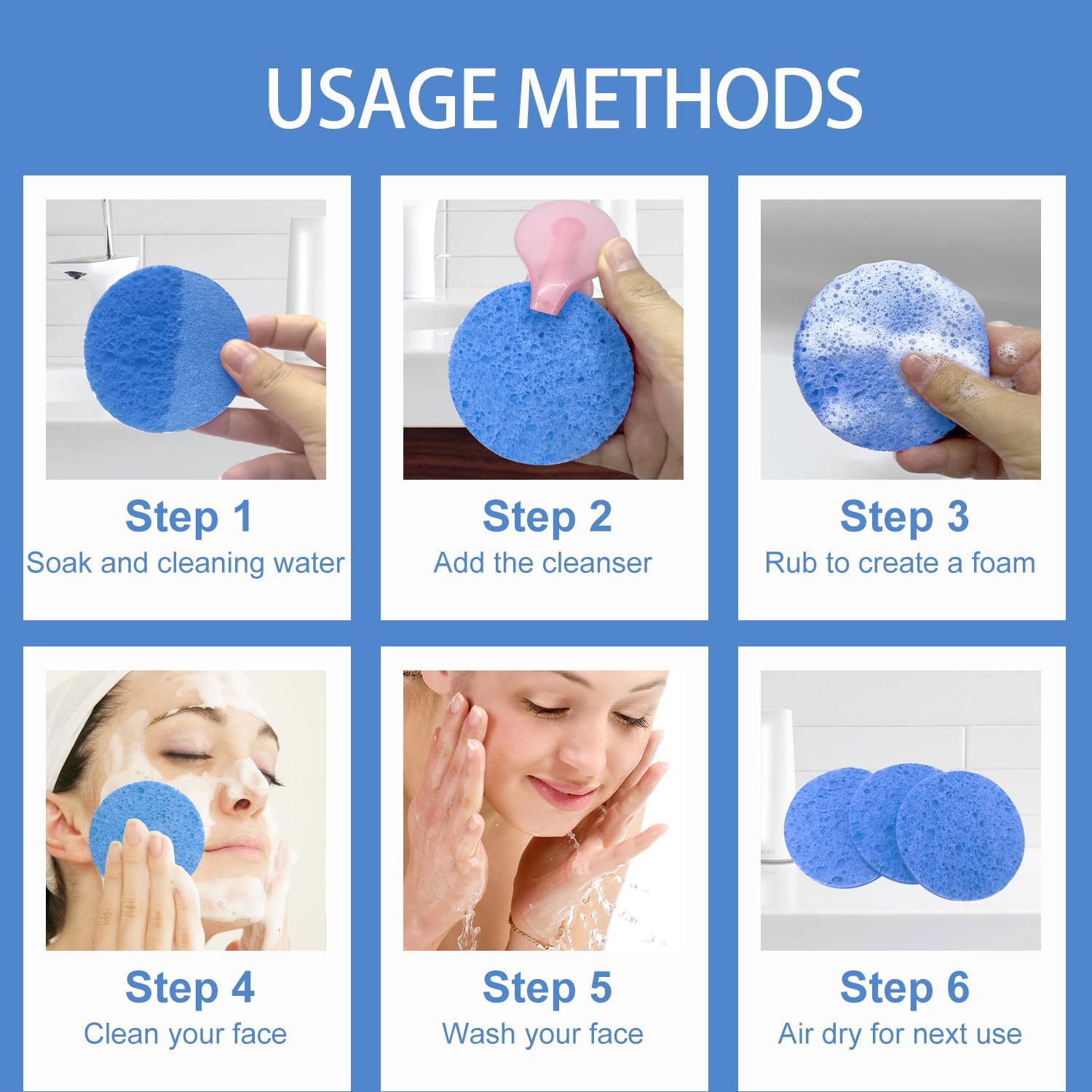 12 - Pack Non-Scratch Scrub Sponges + 50-Count Compressed Facial Sponges for Estheticians, Blue