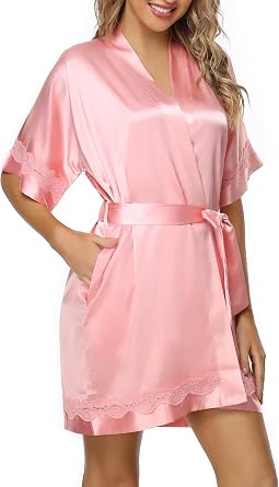The Bund Women Robe Satin Lace Trim Silky Bathrobe Soft Lightweight Bride Bridesmaids Robes for Bridal Party