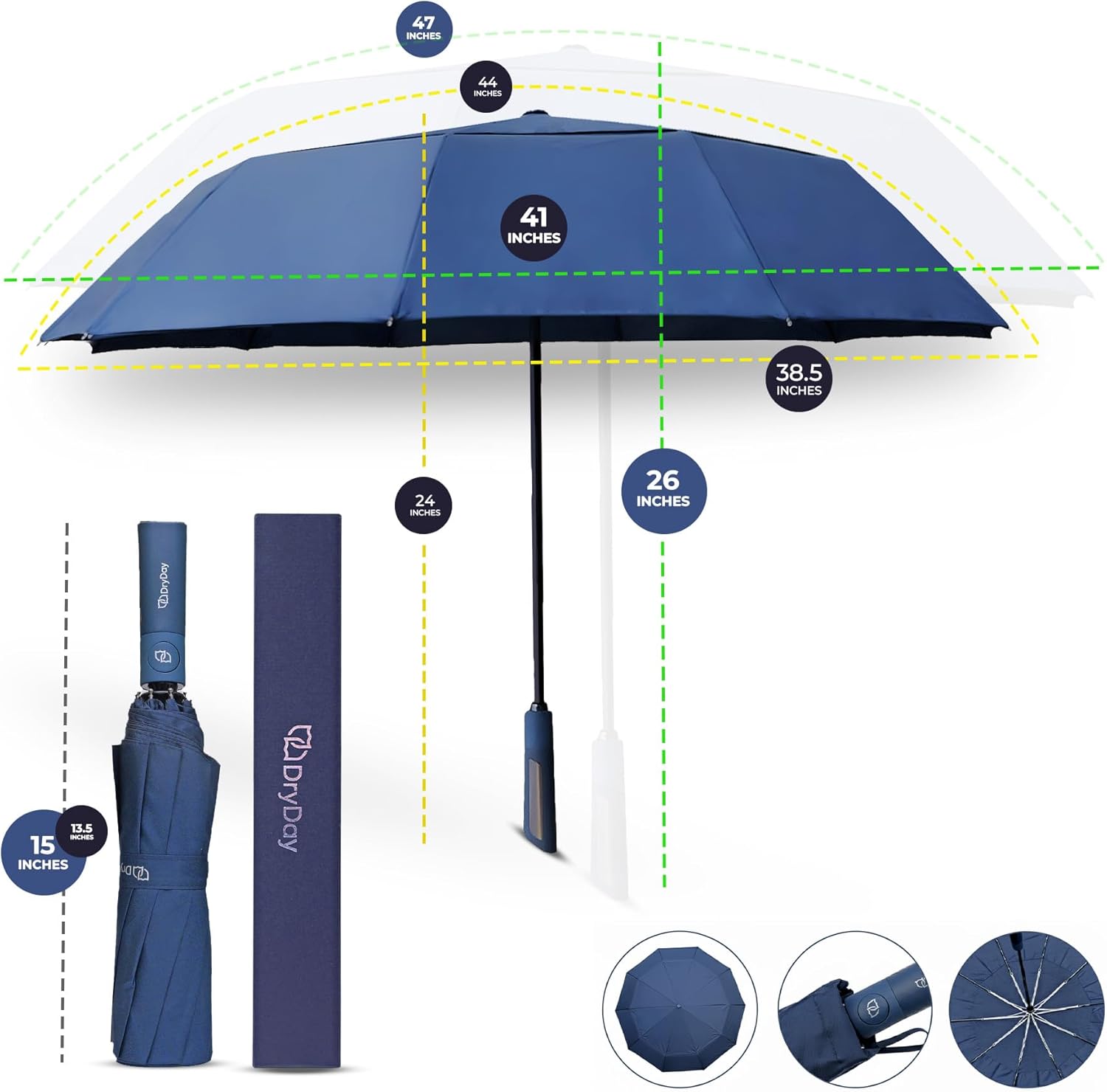 DryDay Premium Umbrellas for Rain, Large Windproof Double Canopy Umbrella, 10 Aluminum Ribs, Sturdy Frame, Auto Open Close Unique Handle, Windproof & Waterproof Umbrella for Women & Men - Image 2