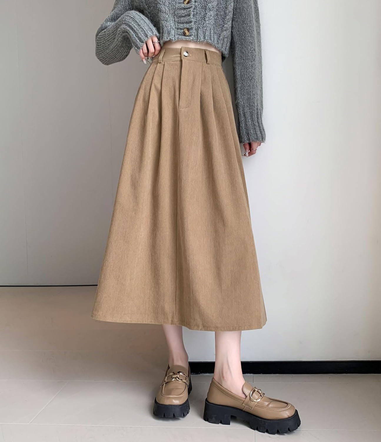 chouyatou Women's Vintage Corduroy A Line Skirt High Elastic Waist Pleated Swing Midi Long Skirt with Pockets - Image 2