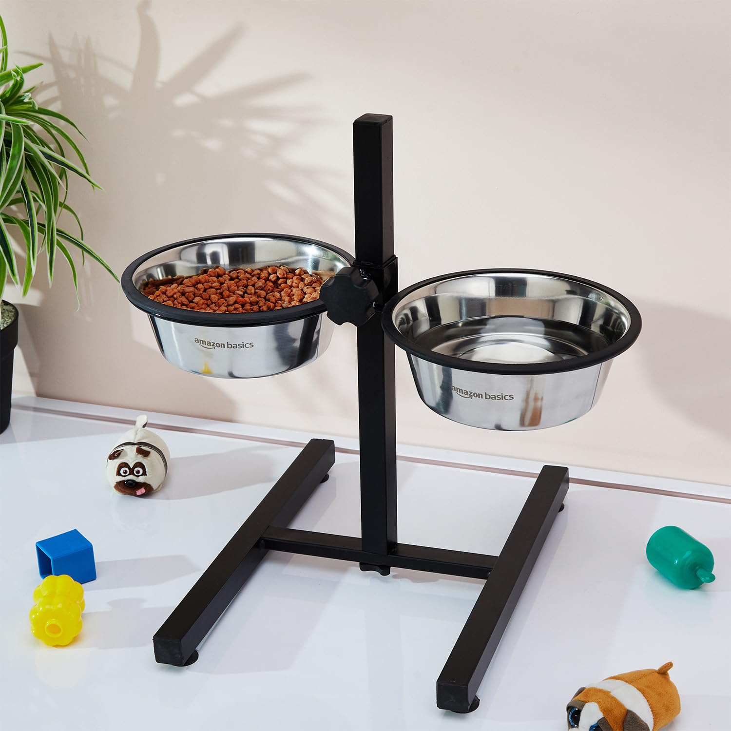 Amazon Basics Adjustable Double Diner for Pet Food and Water | 1500 ml Each | Two Removable Stainless Steel Bowls | Cat and Dog Food Bowl | Adjustable Height | Extra Rubber Support | H-Base 3