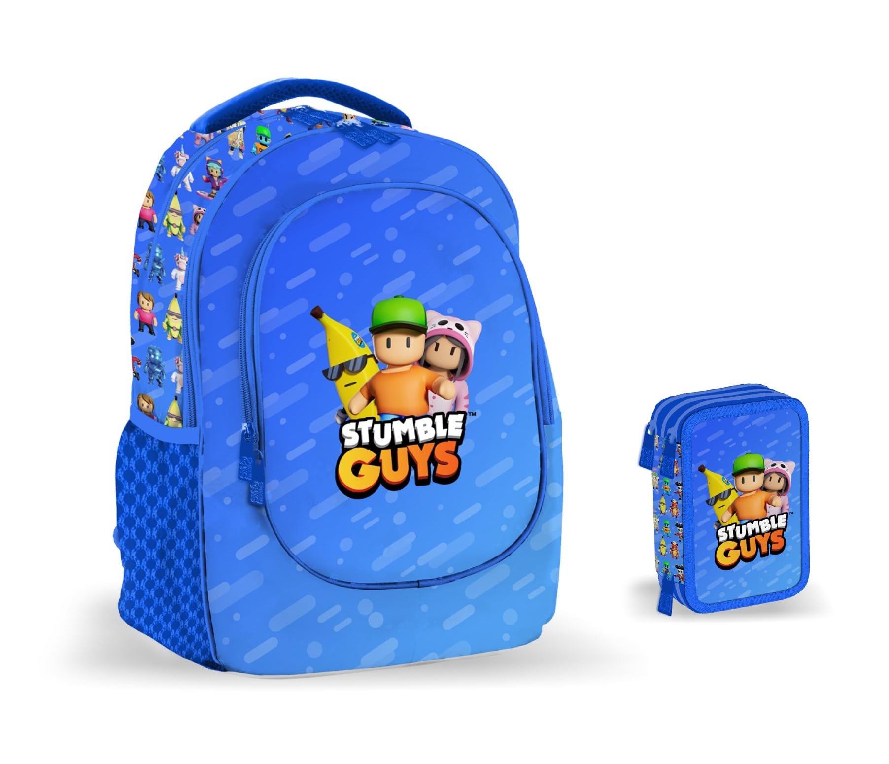 PRESTIGE & DELUXE Zaino Scuola Stumble Guys Tondo 3 scomparti + Astuccio 3 piani completo + omaggio 7 penne cancellabili e portachiave personaggio