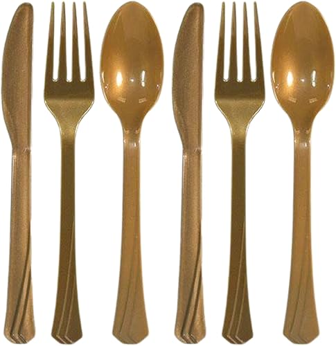 Juego de cubiertos de lujo de plástico dorado (24 unidades), juego de cubiertos de alta calidad y elegante, duradero y desechable, ideal para