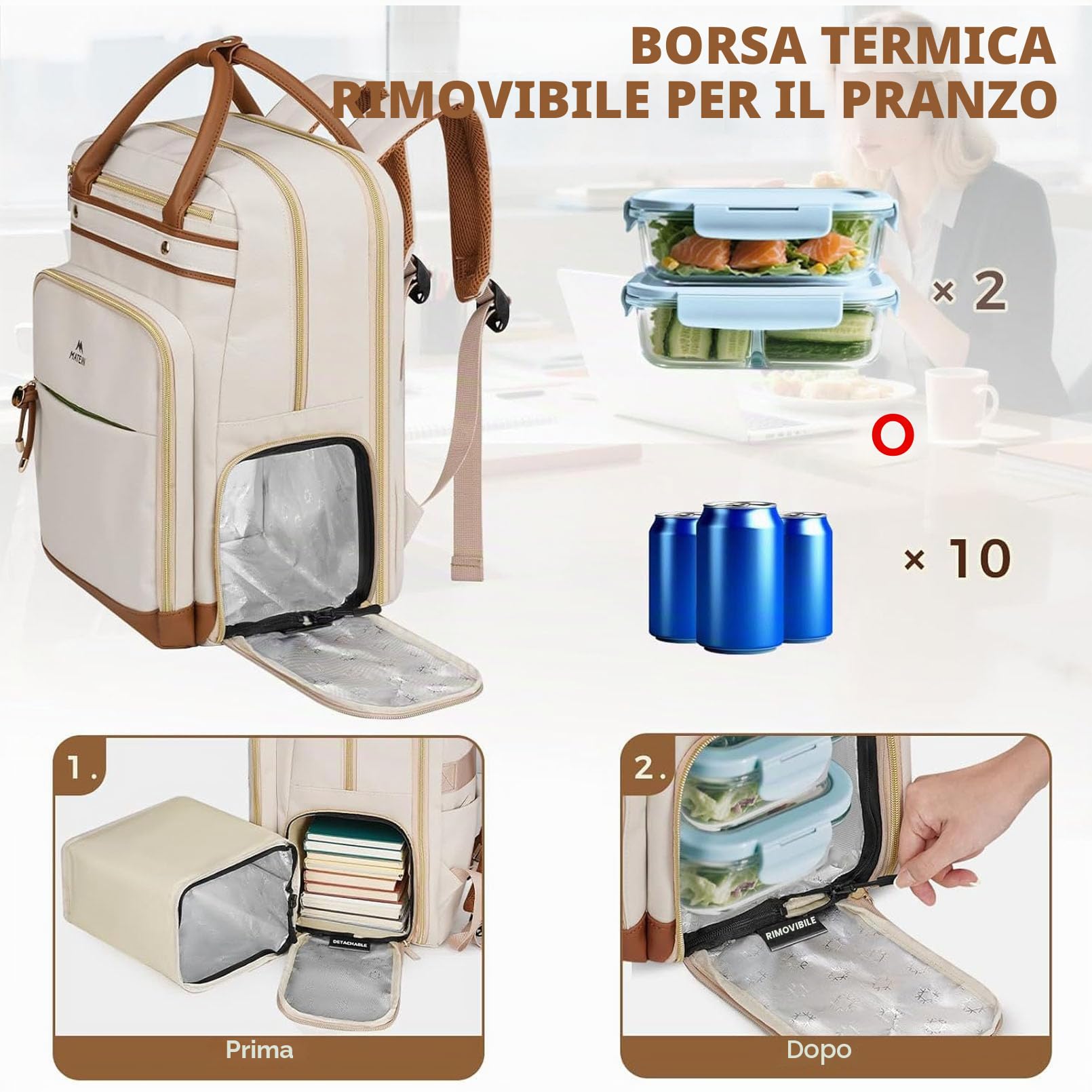 MATEIN Zaino Lavoro Donna per Insegnanti con Borsa Pranzo Rimovibile, Zaino Porta PC 15.6 Pollici, Zaini Scuola per Donna e Docenti, per Viaggio Aereo, Università, Ufficio, Beige