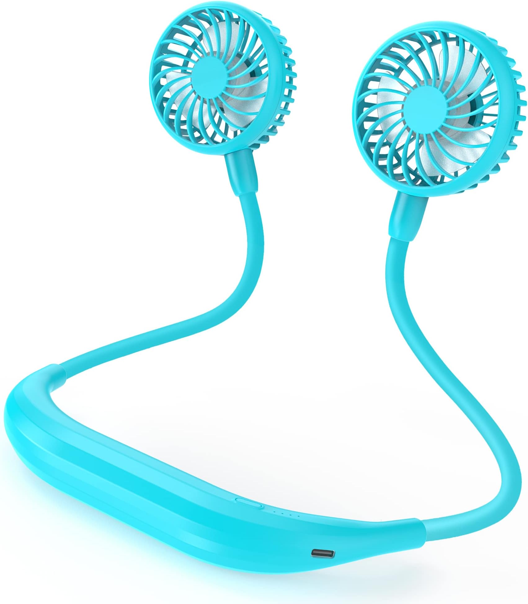 Portable Neck Fan, 2600mAh Battery Operated Sport Fan Ultra Quiet Hands Free USB Fan with 6 Speeds, Strong Wind, 360ยฐ Adjustable High Flexibility Wearable Personal Fan for Office Outdoor Travel (Cyan)