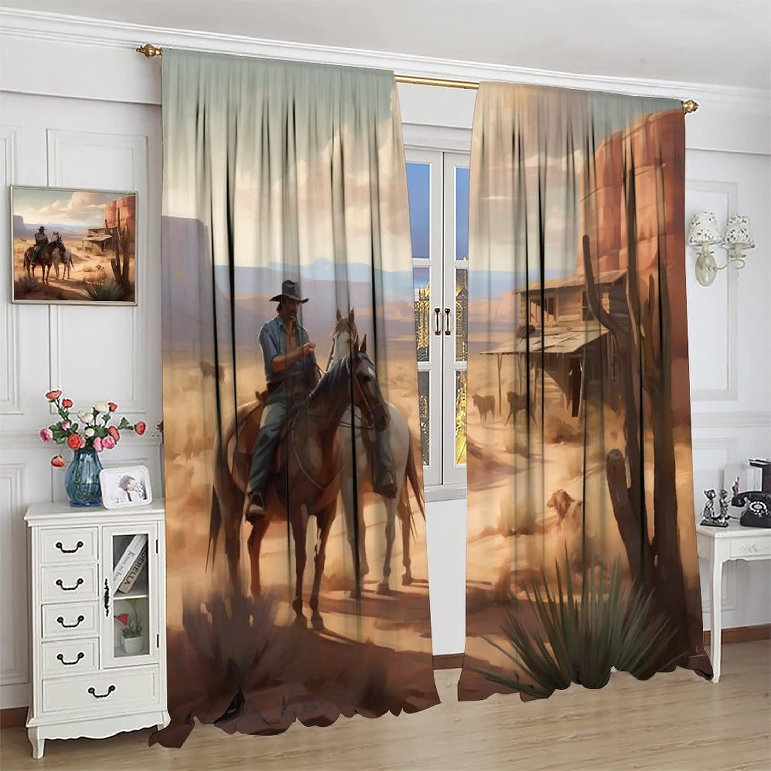 Western Cowboy Blackout Curtain,Vintage Farmhouse Country Western Desert Cowboy Horse Cactus Home Decor Windows Rod Pocket Curtains for Office Bedroom Living Room Drapes 42x45 Inch