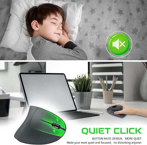 Miniatura 4 de Mcpiwohy Mouse ergonómico, mouse vertical óptico recargable USB mouse 2.4GHz inalámbrico con 6 botones, 3 ajustables 120016002400 DPI para laptop,