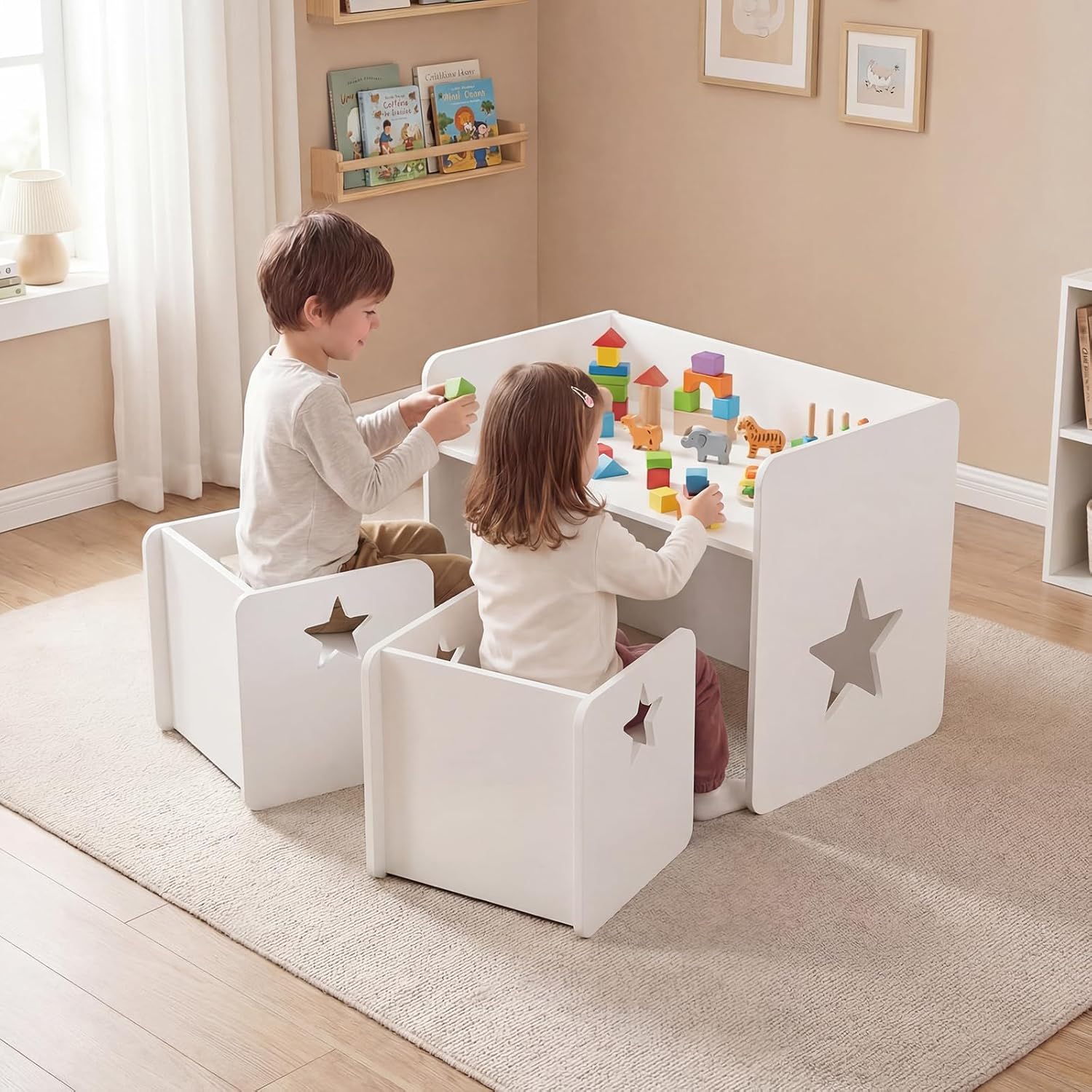 Costzon 3 PCS Kids Table and Chairs, All in One Wooden Montessori Desk Set w/Chalkboard, Storage Shelves, Toddler Table and Chair Set for Home, School (White, Sta)