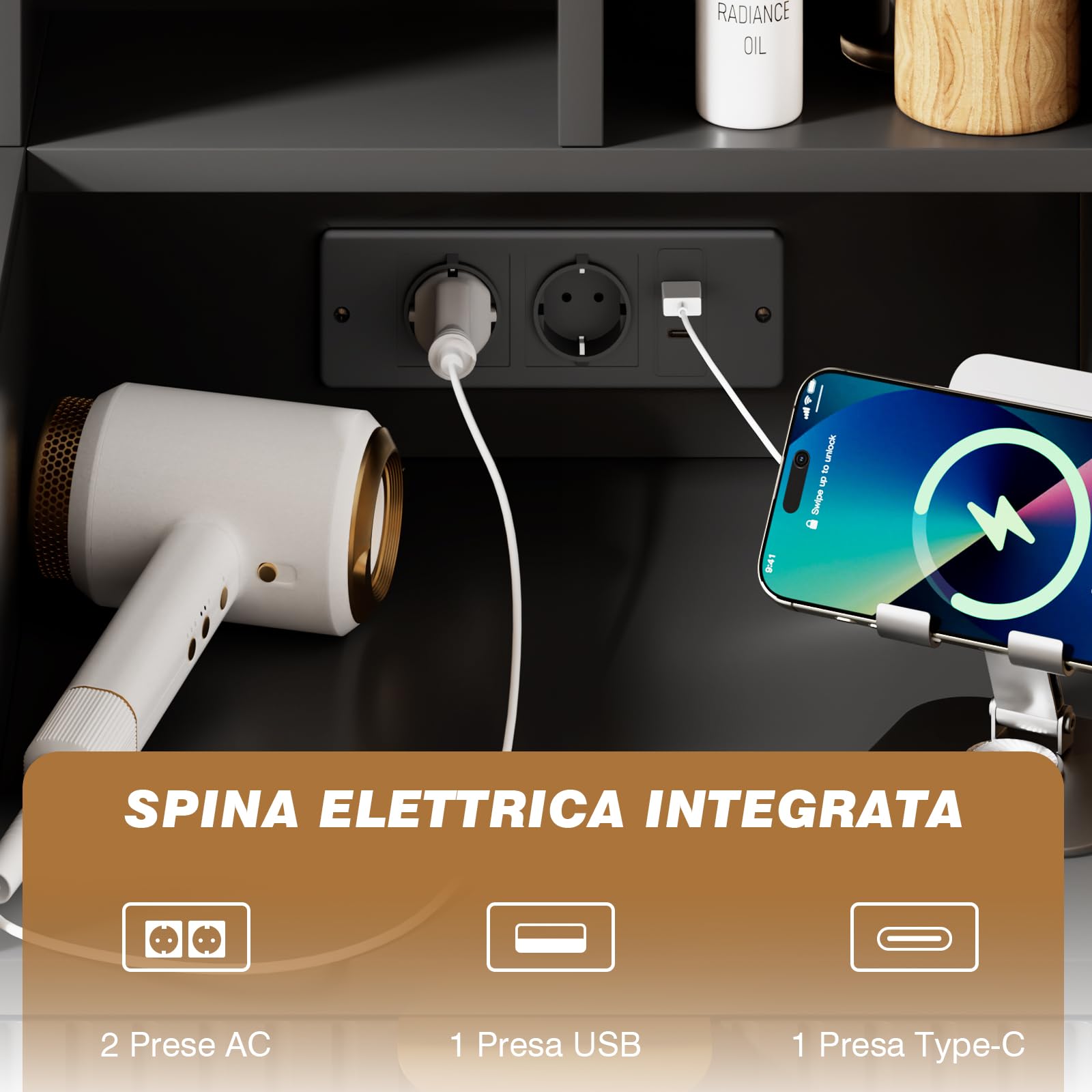 TRIUMPHKEY Toeletta Trucco con Specchio e Luci,Tavolo da Toilette con Cassetti, Postazione Trucco con Ripiani Aperti, Ganci per Gioielli e Presa Elettrica per Camera da Letto,Moderno (Nero)