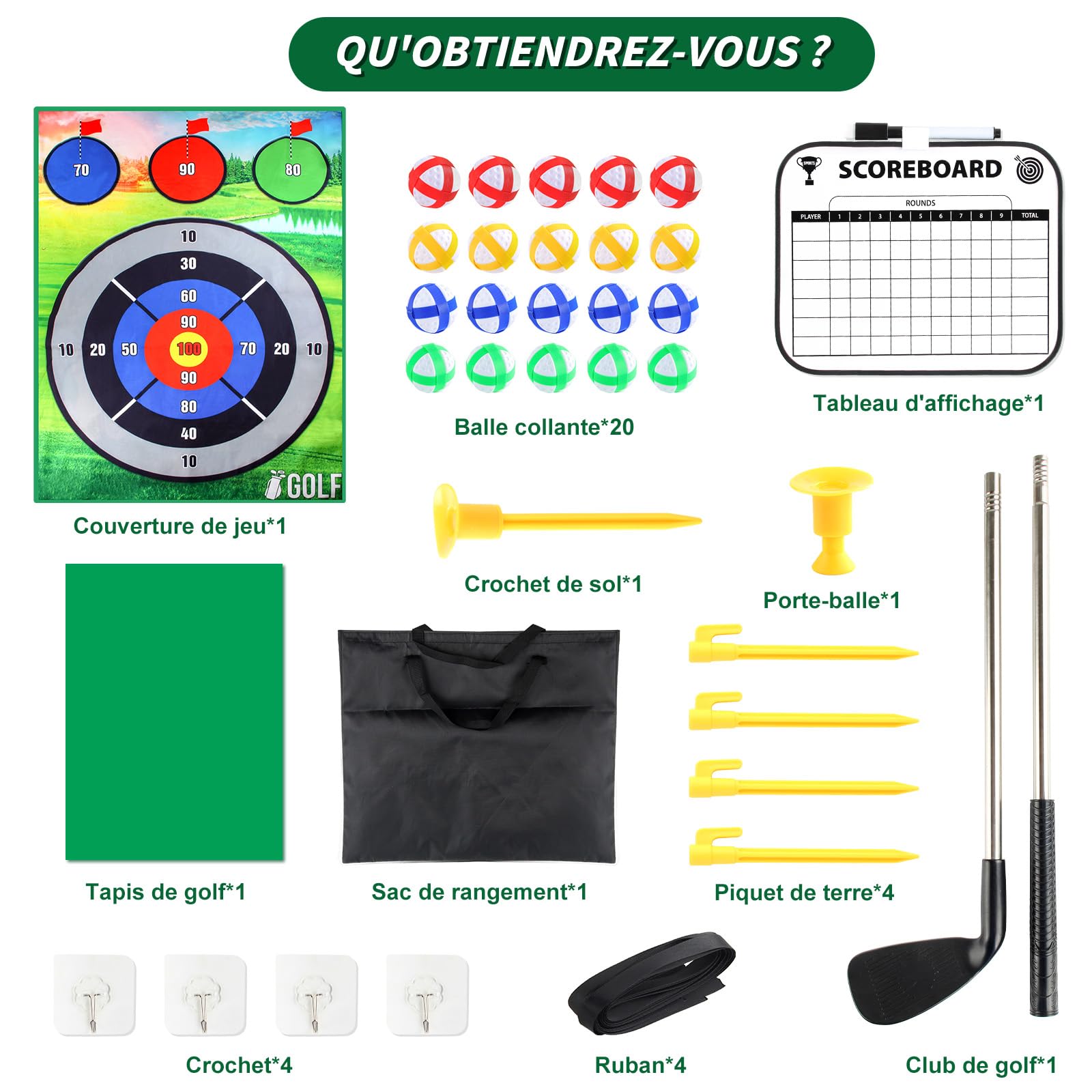 IEEILULU Tapis D'entraînement de Golf, Ensemble de Jeu 178 x 120cm Avec Club, Balles et Tableau D'affichage, Pour l'intérieur l'extérieur Enfants Adultes