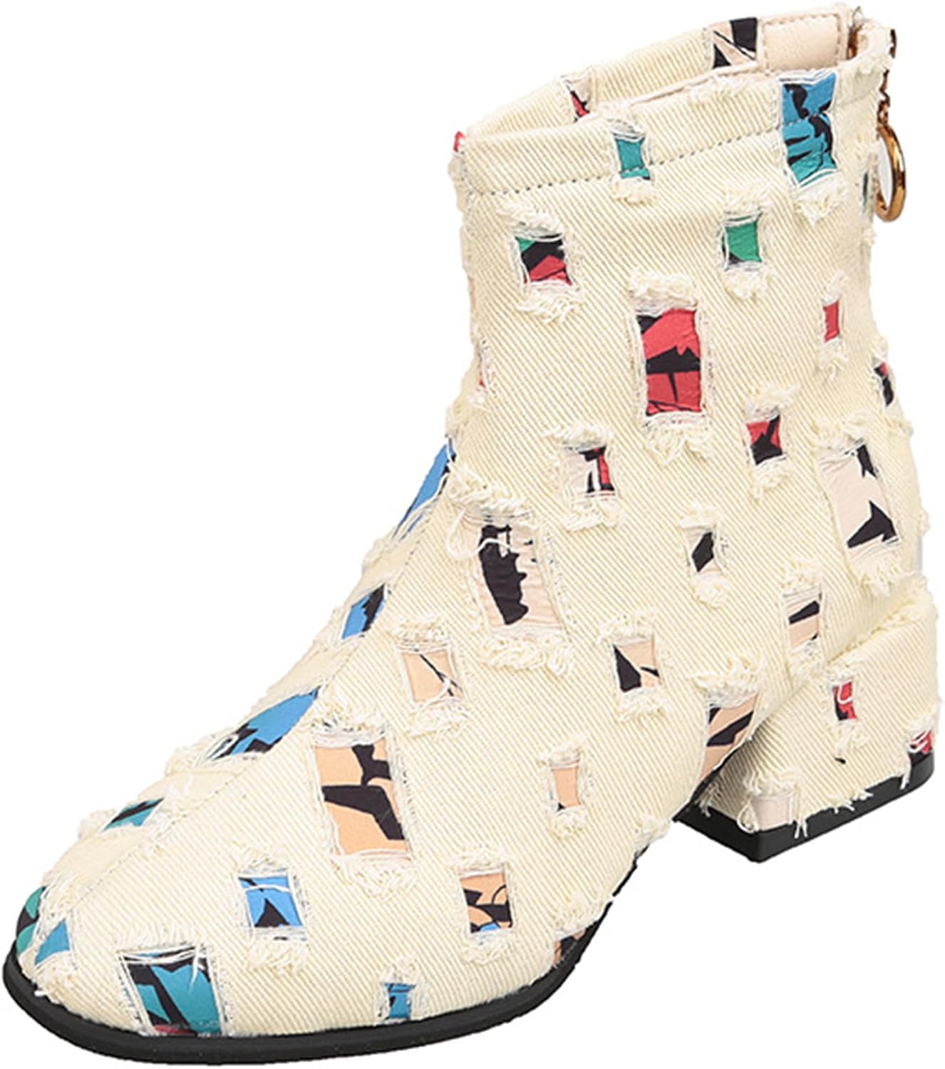 Women'S Denim Chunky Heel Ankle Boots With Back Zipper Fashion Round Toe With Block Heel Detailing Casual Short Boots Suitable For Work Daily Walking