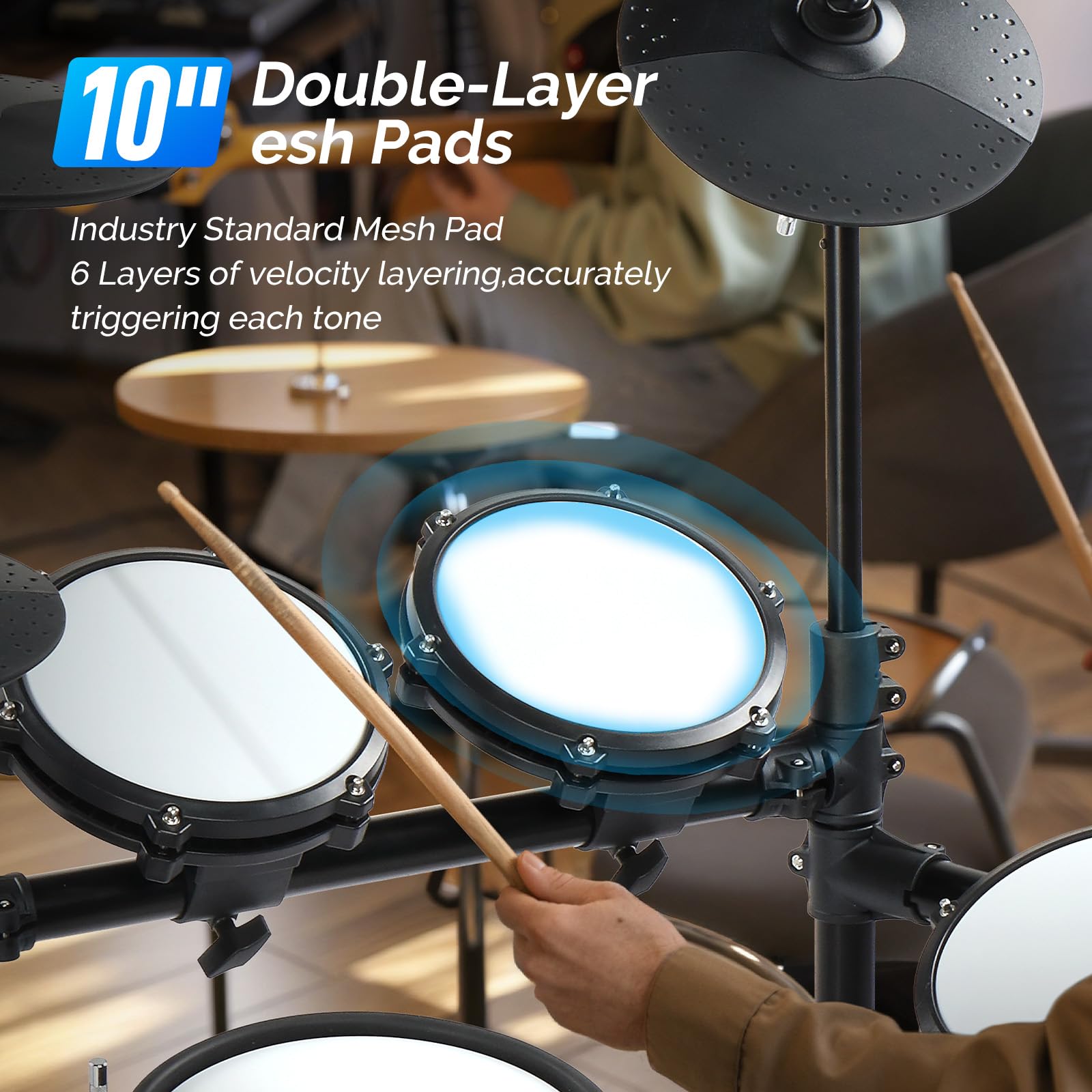 GLARRY 10" Dual Zone Snare Electric Drum Set, 5 Pads, 3 Cymbals Full Size Adult Drum Set, 30 Kits and 450 Authentic Sounds,TFT Color Display, USB MID
