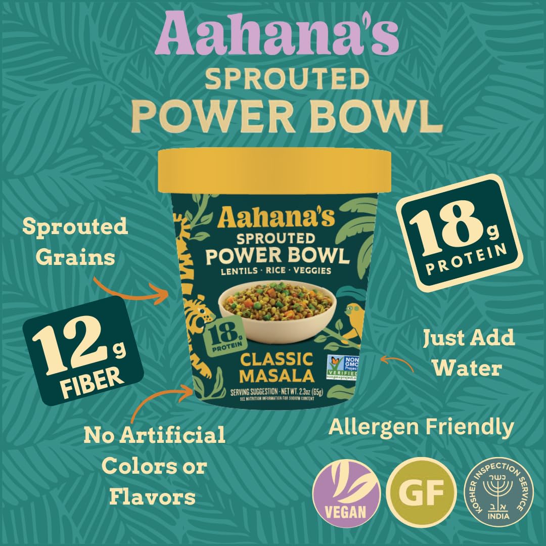 Aahana's Classic Masala - Sprouted Power Bowl- Gluten-Free, High Protein| High Fiber | Oil Free, Sugar Free, Vegan Meals, Plant-Based, Meals Ready-to-Eat Vegetarian Food | No Refrigeration (6 Pack)