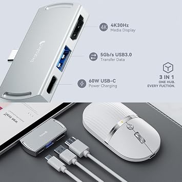 ProtoArc HubMouse, USB C Wireless Bluetooth Mouse with Built-in 3-Port Hub (PD, HDMI, USB 3.0), Multi-Device Silent Rechargeable Travel Mouse for Laptop, iPad, MacBook, Surface Pro, White