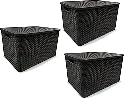 Kit 3 Caixas Organizadora Rattan Com Tampa 20 Litros Preto Arqplast