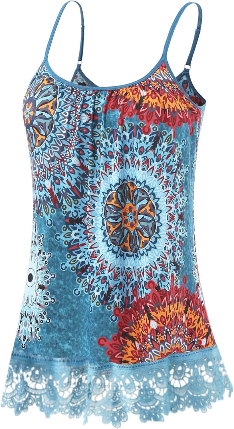 Kniffi Spaghetti Tops for Women Built in Bra Lace Hem Flowy Camisole Sleeveless Tank Top - Image 3