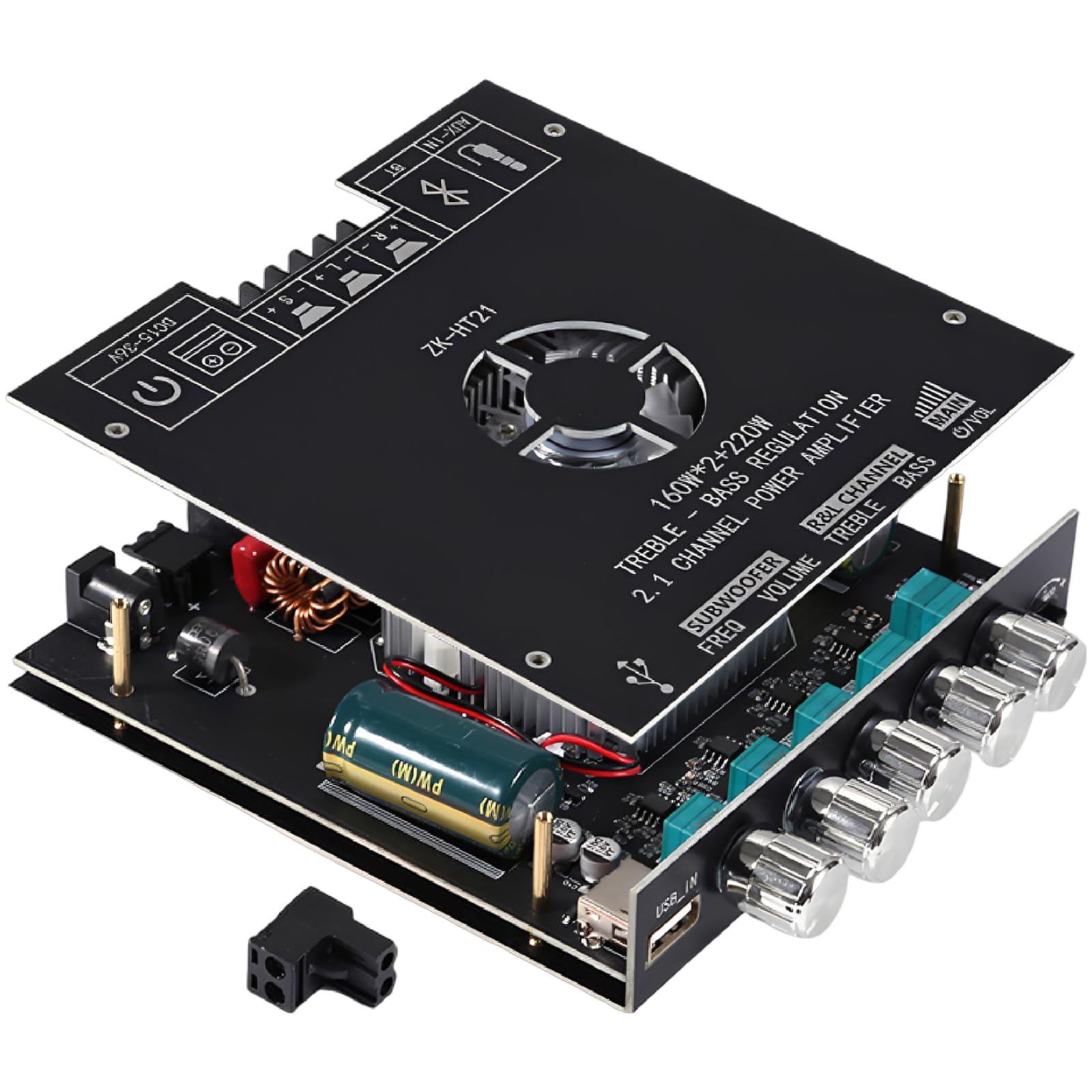ZK-HT21 TDA7498E Bezprzewodowa płyta wzmacniacza mocy, 2.1-kanałowy wzmacniacz audio, wyjście 160 W x 2 Plus 220 W, sterowanie tonami wysokimi basami do głośników DIY, domowego stereo, 14,5 x 12,7 x