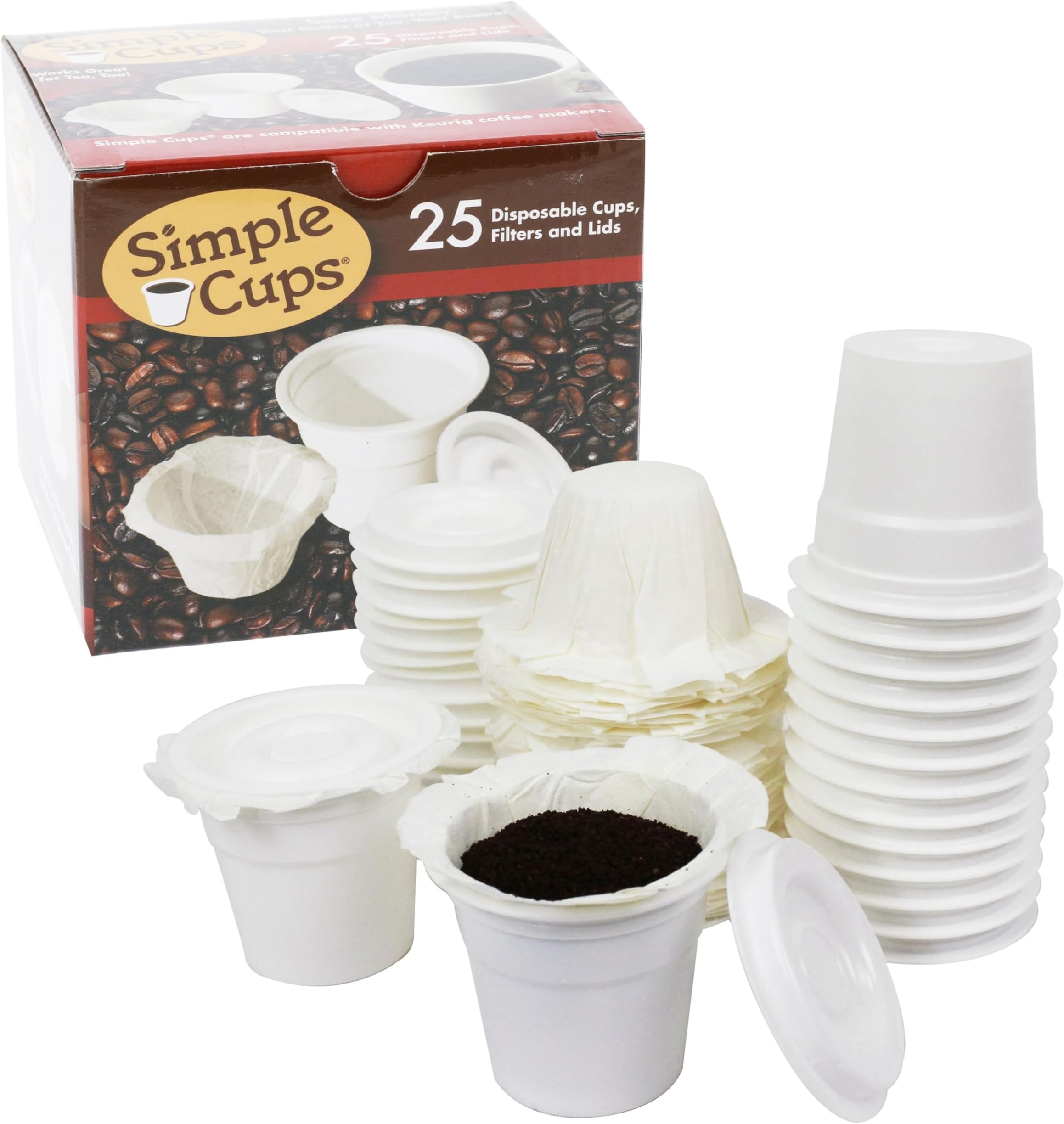 Disposable Cups for Use in Keurig® Brewers - Simple Cups - 25 Cups, Lids, Filters with Easy Close Stand - Use Your Own Coffee