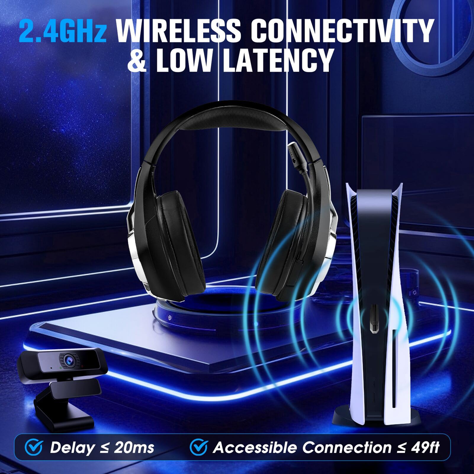 Dpofirs Cuffie da Gioco Wireless, Auricolari over Ear RGB, Audio Surround 7.1, Microfono con Cancellazione del Rumore, Bassa Latenza for PC Portatile (BLACK)