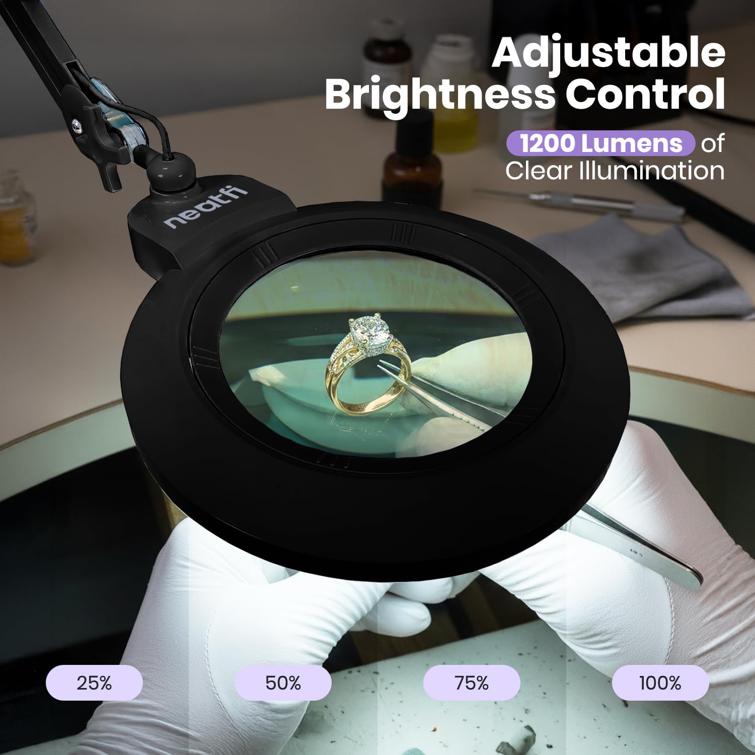 Neatfi XL bifocale Lampada d’ingrandimento LED, dimmerabile | 3 modalità di illuminazione, braccio regolabile e morsetto di fissaggio (Lente da 13 cm)