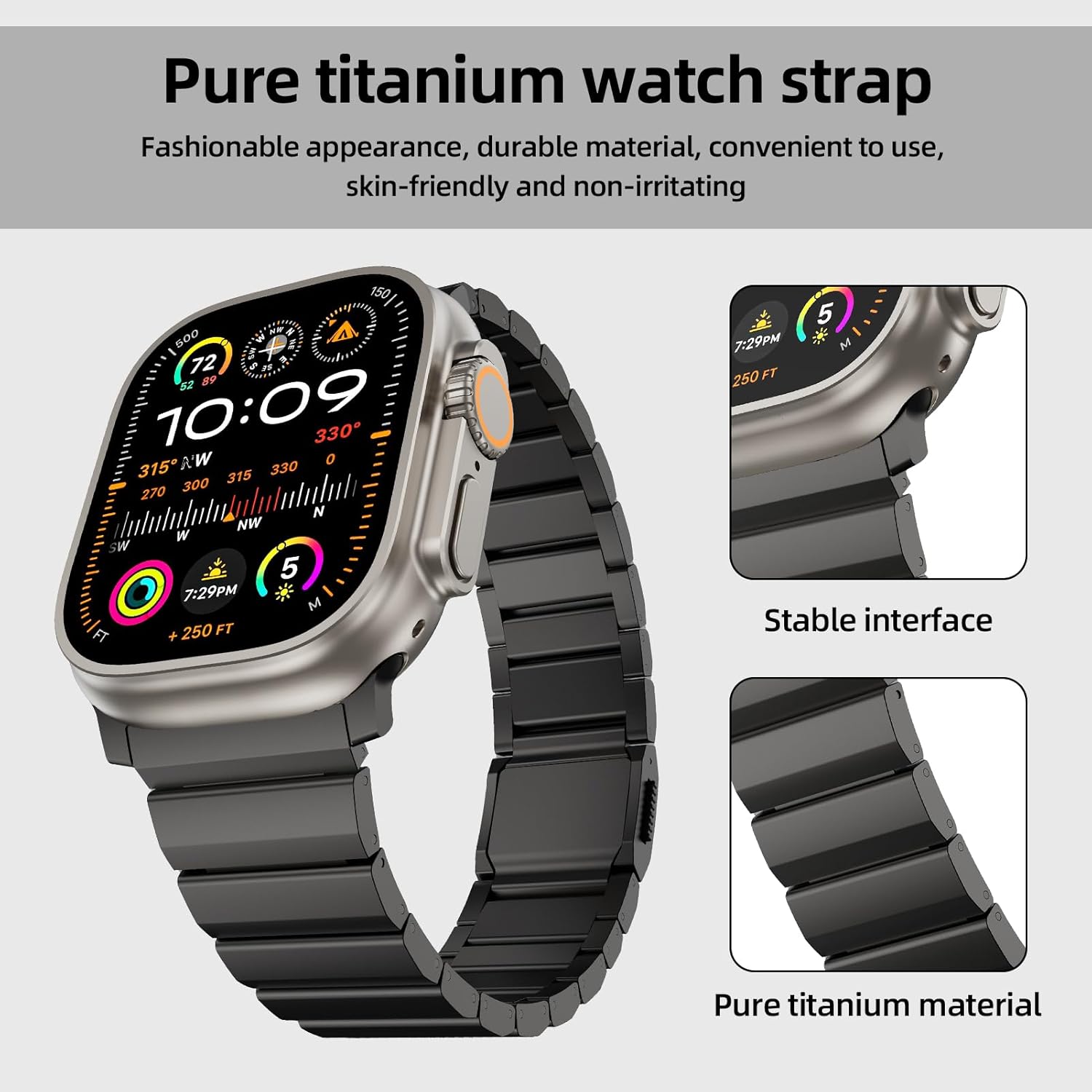 Titanium Watch Band, Adjustable, Magnetic Clasp, Compatible with Watch Ultra 2, 49mm, 45mm, 44mm, 42mm, Series 9, 8, 7, 6, 5, SE Ultra, Women & Men (49mm/45mm/44mm/42mm, Gray)