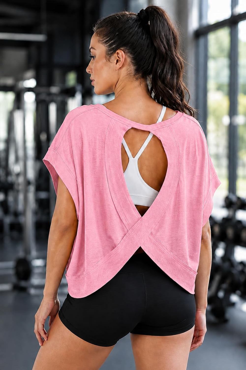 denking Workout Tops for Women: Women Open Back Workout Shirts Short Sleeve Tops Casual Yoga Summer Athletic Gym Running Crop Oversize Tees(Pink S)