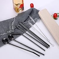 Vista 2 de Hoshen Juego de 7 cucharas de paja de acero inoxidable negro, popote reutilizable de 8.5 pulgadas, con estuche de transporte