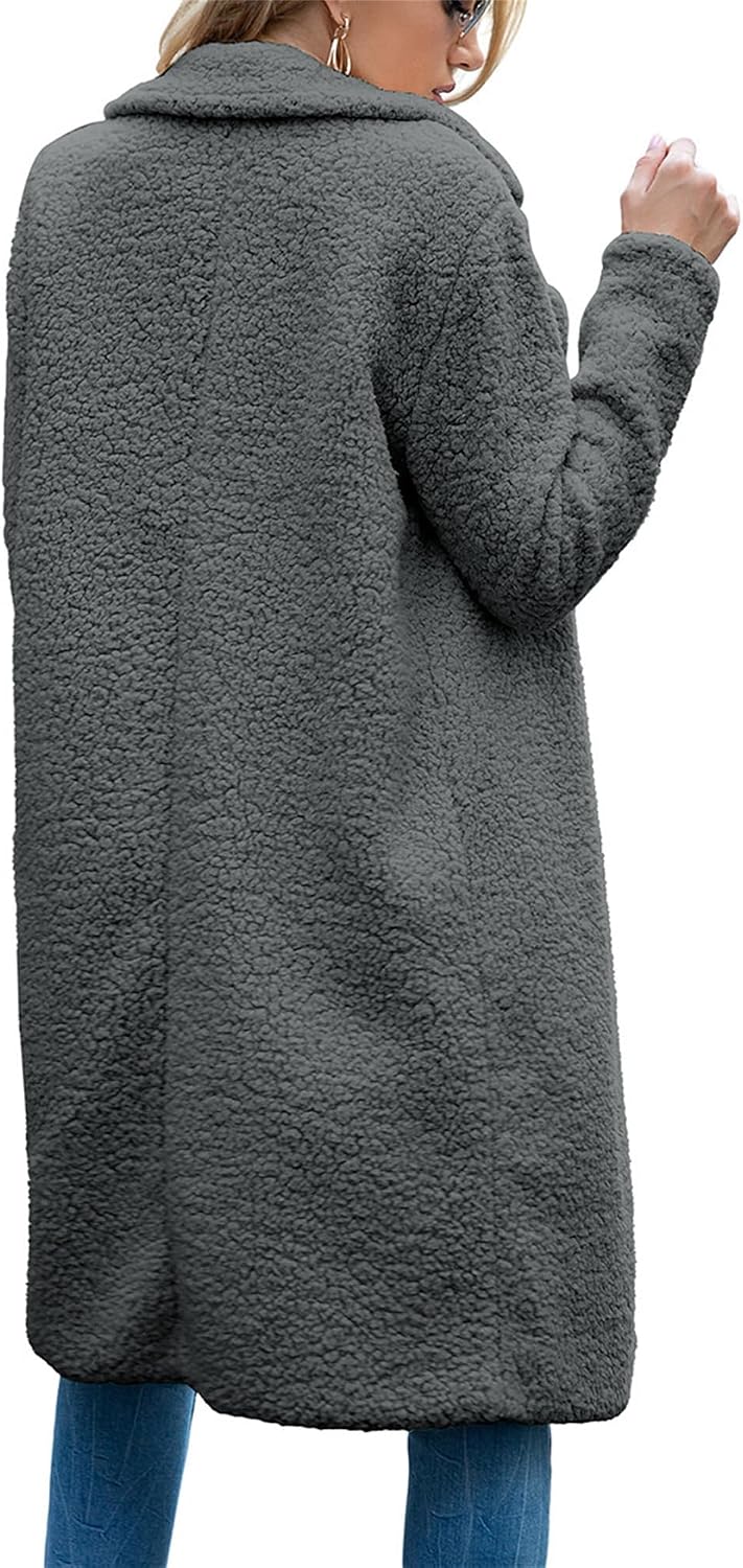 Women's Fuzzy Fleece Lapel Open Front Long Cardigan Coat Faux Fur Warm Knee Length Outwear Jackets