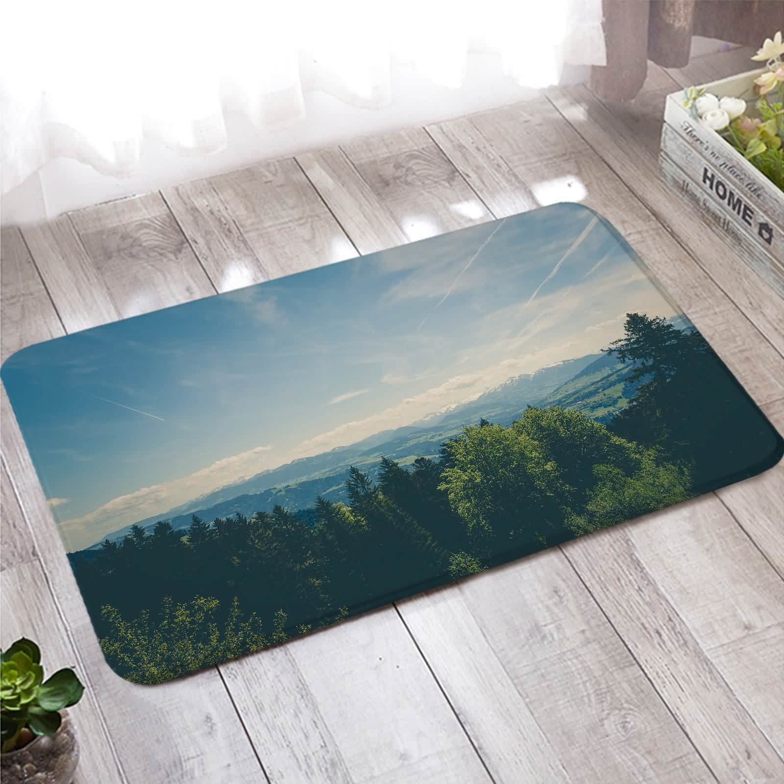 Tapis d'entrée grand format 60x180 cm paillasson extérieur arbres bleu