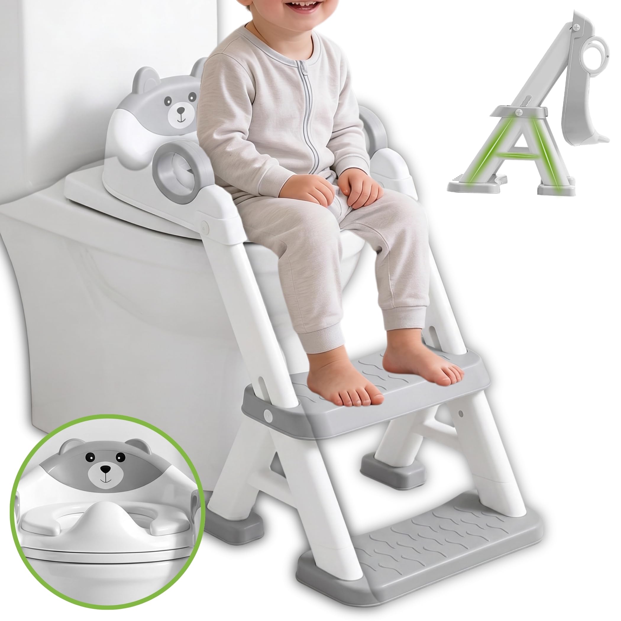 Adaptador WC Niños con Escalera Antideslizante, Asiento Adaptador para Inodoro Infantil con Escaleras Reforzadas y Cojín Desmontable, Plegable, Seguro y Estable, Entrenamiento para Dejar el Pañal