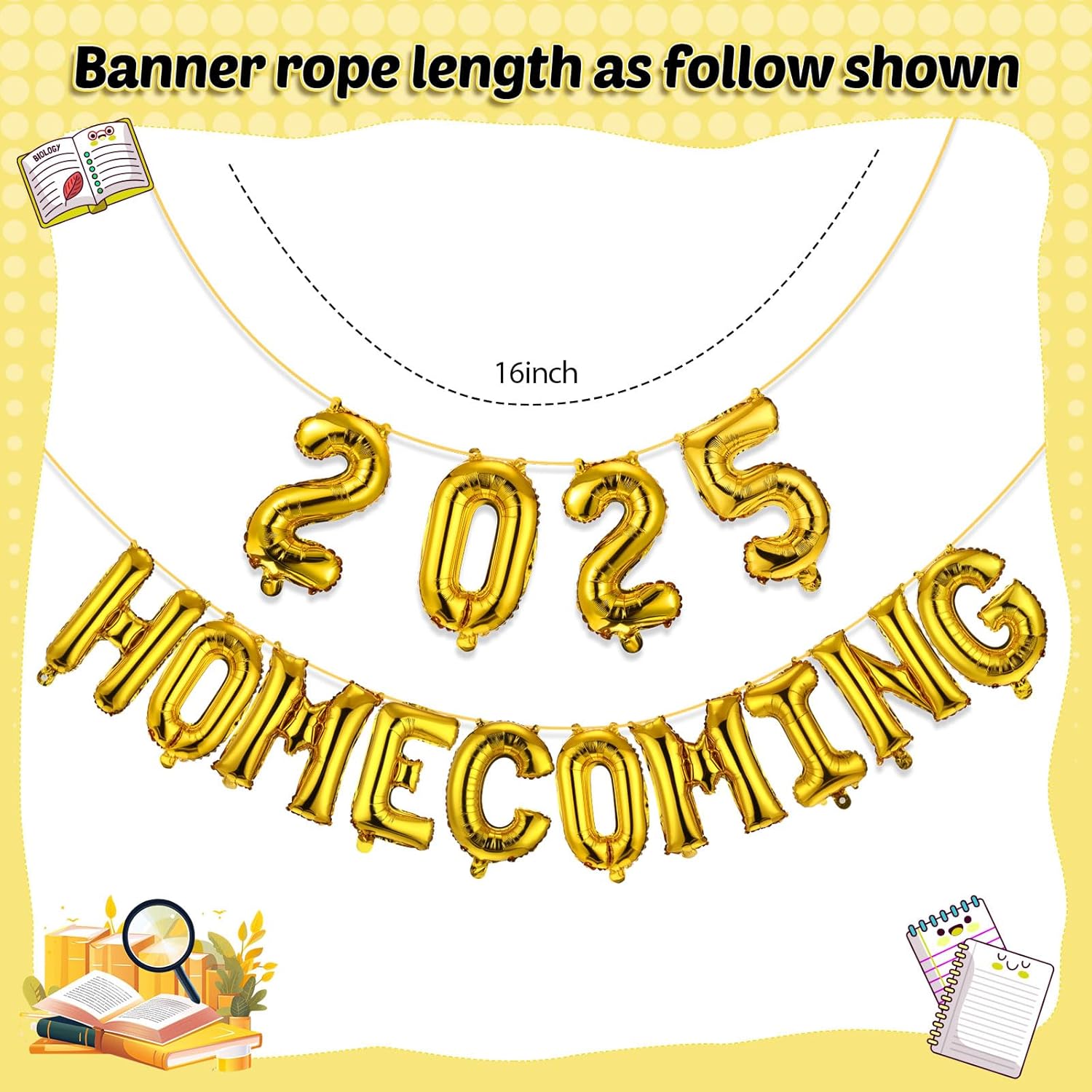 Condition photo showing New/Like New for 15 Pcs Homecoming Decorations 2025 Homecoming Banner HOCO Sign 16 Inch Foil Balloons Banner for High School Dance Party 2025 Welcome Back to School Supplies Graduation Party Cheers(Gold)