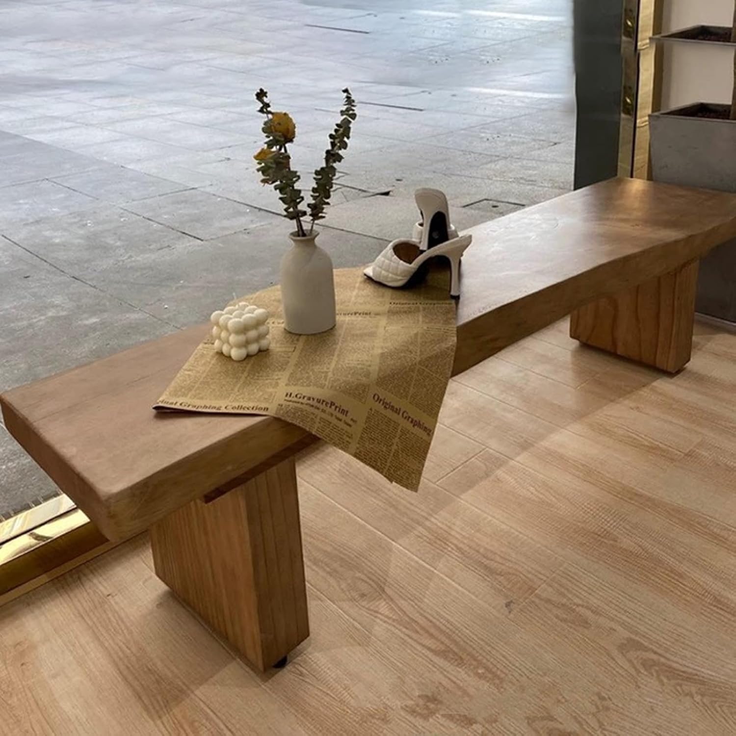 Farmhouse Indoor Wooden Living Room Dining Bench, Indoor Wooden Bench, Rustic Style Acacia Frame Solid Wood Bench, for Living Room, Hallway, Bedroom, Bathroom