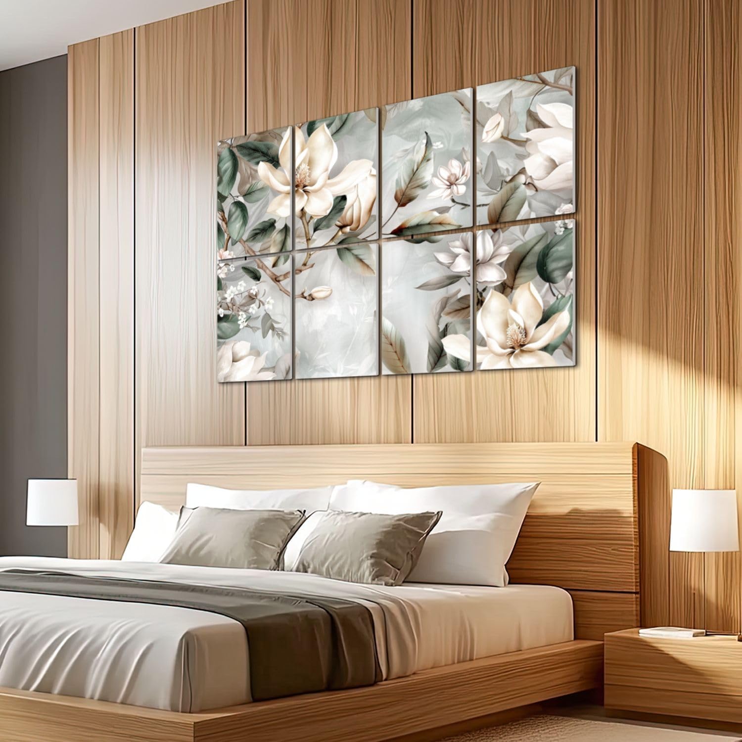 8 Pack Art Acoustic Panels Sound Absorbing Golden Magnolia Flower Vintage Floral Flowers Birds Leaves Trees Decorative Soundproof Wall Panels Self Adhesive for Recording Studios Office 48"x32"