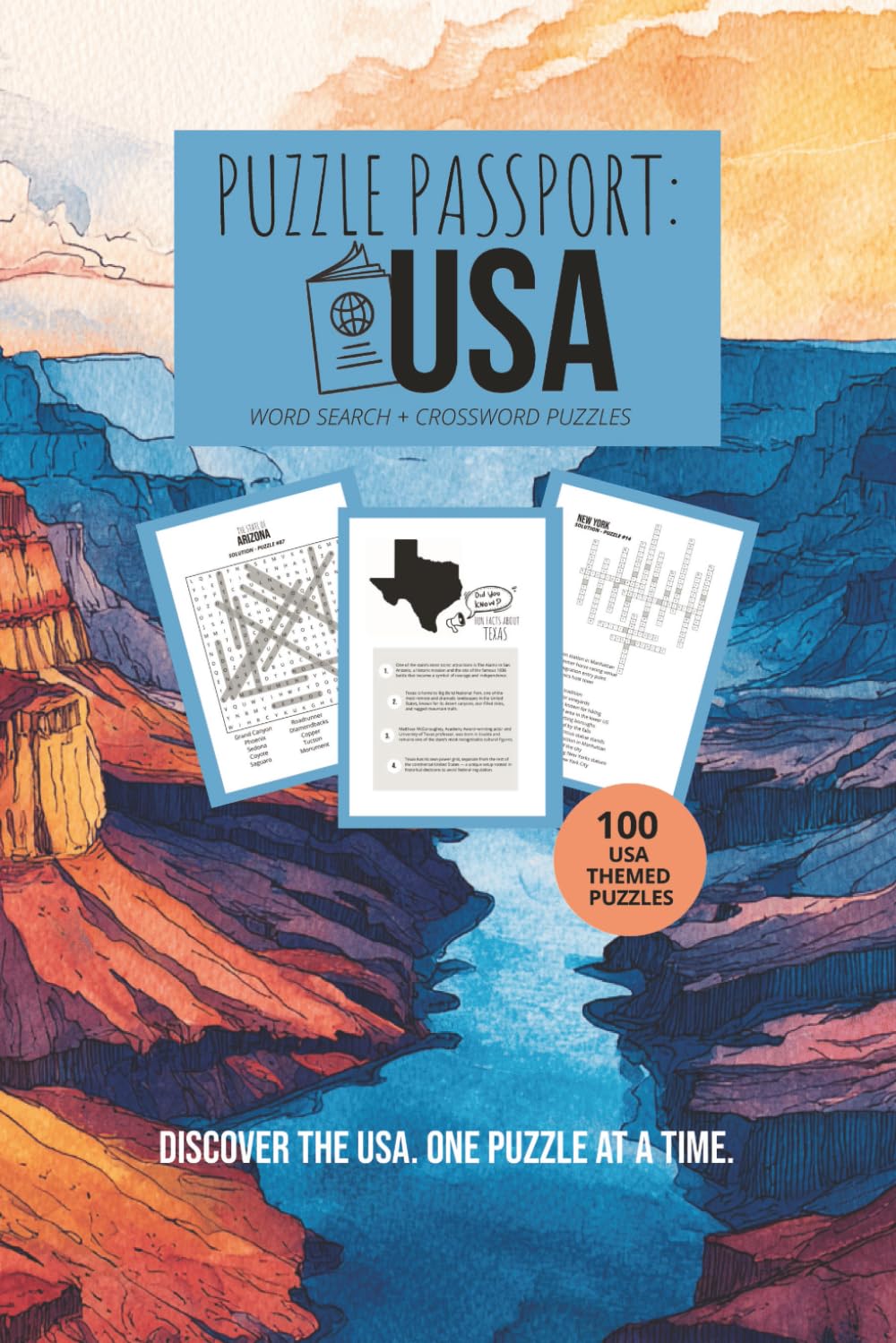 Puzzle Passport USA: A Travel‑Themed Collection of USA Word Searches and Crosswords, Discover USA Landmarks, Culture, and Geography | 6x9 inches, 252 pages | 100 puzzles