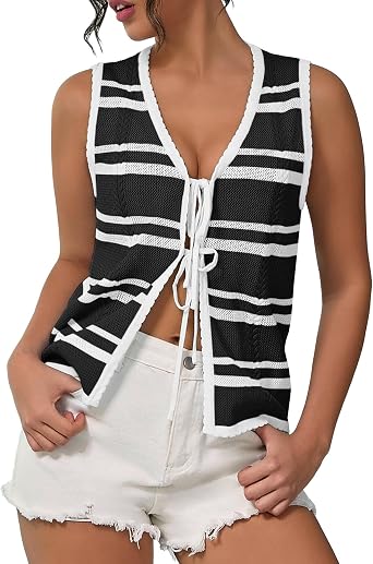 IEEILULU Women Tie Front Sleeveless Vest Y2K Striped Sweater Vest