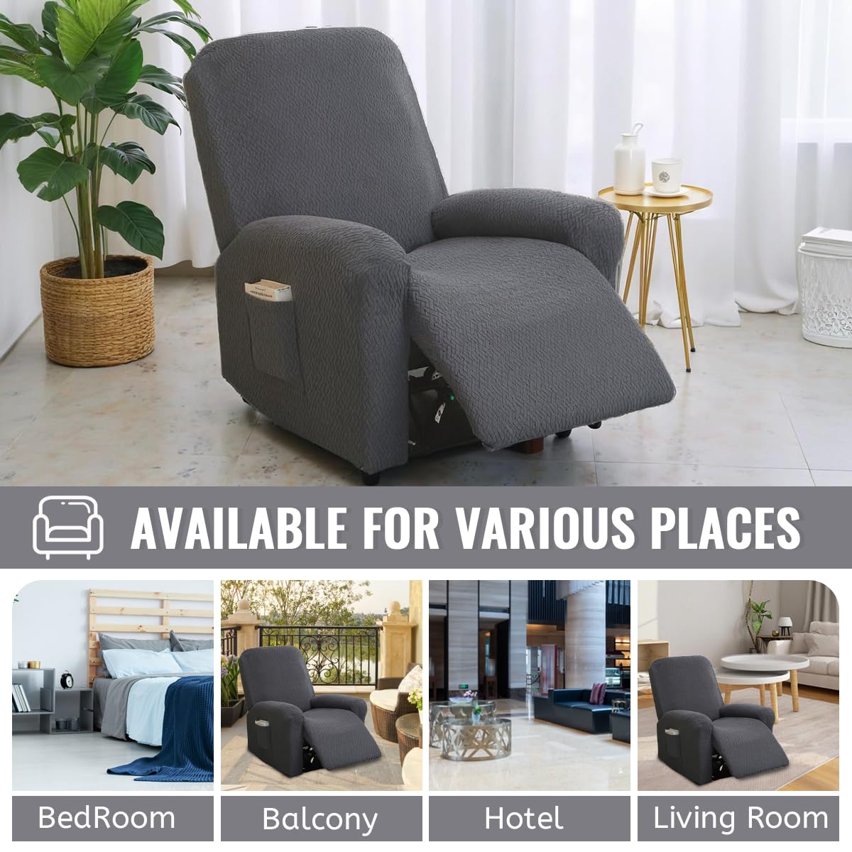 Housse De Fauteuil Relax 4 Pièces Élastique Jacquard - Protection Avec Poches Latérales (Rouge Vin)